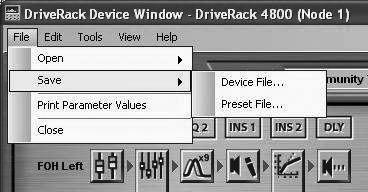 Section 4 Software Operation DriveRack Device View Features Besides access to the processing functions, the Device View offers many other features, some of which can be found as pull-downs in the
