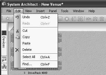 Section 4 GUI Software Software Operation Overview Venue Edit Menu DriveRack In the Edit menu, System Architect provides the ability to Undo or Redo commands as well as Cut, Copy, Paste and Delete