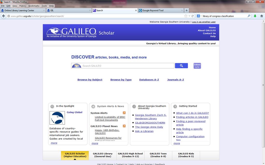 When you click on GALILEO (second line down in the center section of the Henderson Library homepage at http://library.georgiasouthern.edu/ ), you will see the screen below as the default.