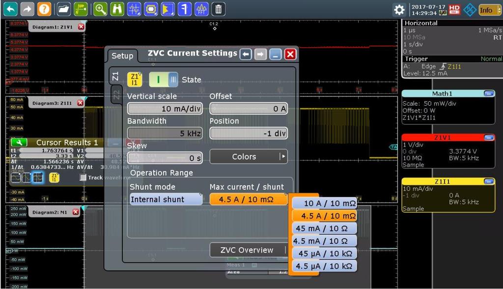 Fig. 5-4: Current Measurement configuration on the RTO Next Select click on setting button for Z1I1 Configure ZVC Current Settings as shown in Fig.