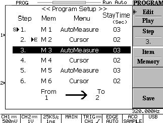 PROGRAM: The advanced Program mode function enables the oscilloscope to remember certain steps and replay all the saved steps. There are two main operating classes for Program mode : Edit and Play.