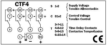 EXTERNAL CONNECTIONS DIAGRAM The 3-7-11, 4-8-12, 5-9-13 and 6-10-14 are timer contacts. In a CTF-4: The terminals 1-2 are for the auxiliary supply of the relay.