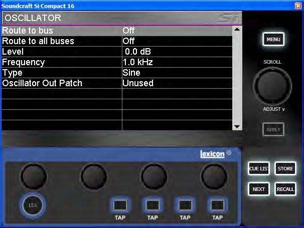 OSC MENU Oscillator home screen displays all settings and parameters concerned with the oscillator function.