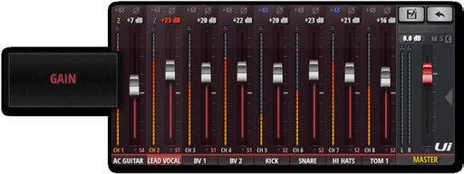 4.1: INPUT: GAIN PAGE CHANNELS > INPUT: GAIN PAGE The Gain page allows you to control the input stage aspects of a Ui input channel. It is a channel strip-type display with red fader level indicators.