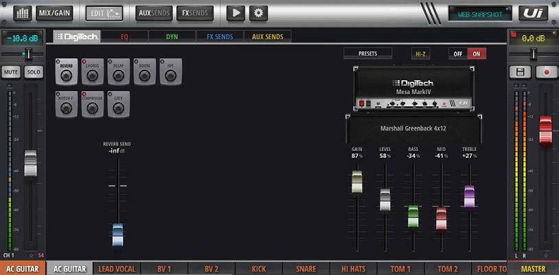5.1: DIGITECH CHANNEL EDIT > DIGITECH DigiTech input processing and channel view is available to the first two Ui mixer channels, and includes Hi-Z (high input impedance) selection for sources such
