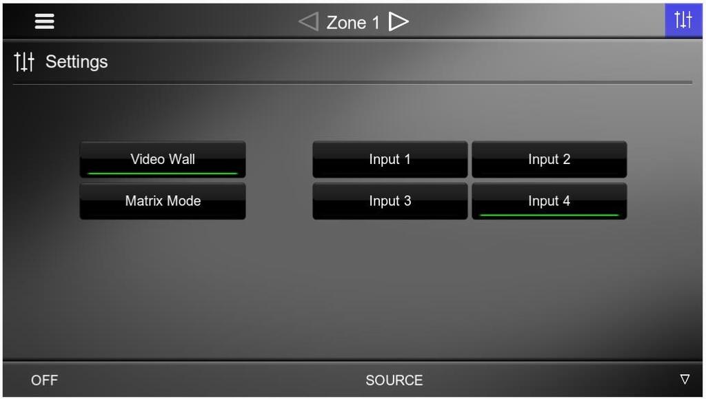 VIDEO WALL MODE The matrix video wall mode allows selection of any of the four source devices to be displayed as one video across all four displays (video wall mode) or all four sources can be viewed