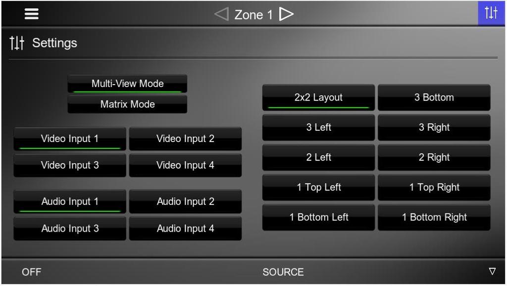 MULTI-VIEW MODE The matrix multi-view mode allows selection of the four source devices to be displayed on one video display in a variety of preset tiling options or one source in full screen on the