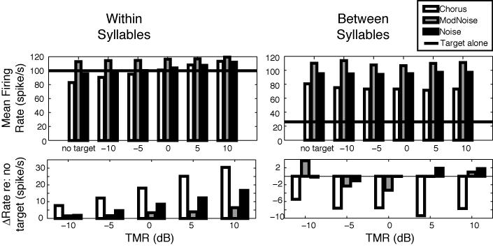 Fig. 3. Analysis of firing rates within and between target song syllables. Top panels show average rates as a function of TMR for each masker (line shows results for target in quiet).
