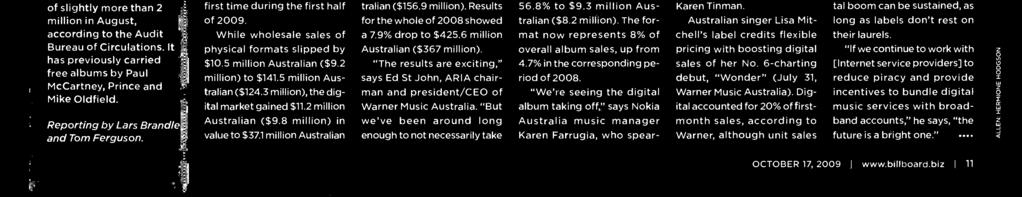 Results fr the whle f 008 shwed a 7.9% drp t $4. millin Australian ($7 millin). "The results are exciting," says Ed St Jhn, ARA chairman and president /CEO f Warner Music Australia.