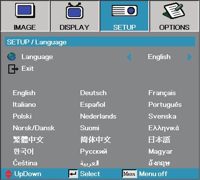 User Controls Setup Language Language Choose the multilingual OSD menu.