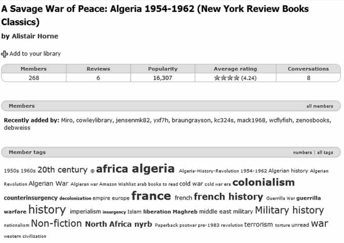53(3) LRTS User Tags versus Subject Headings 179 Figure 3. WorldCat Record for A Savage War of Peace: Algeria 1954 1962 Figure 4.