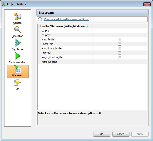 File Generation for BPI Configuration 2. From the Project Settings window, edit device configuration bitstream settings using the Configure additional bitstream settings link, shown in Figure 7.