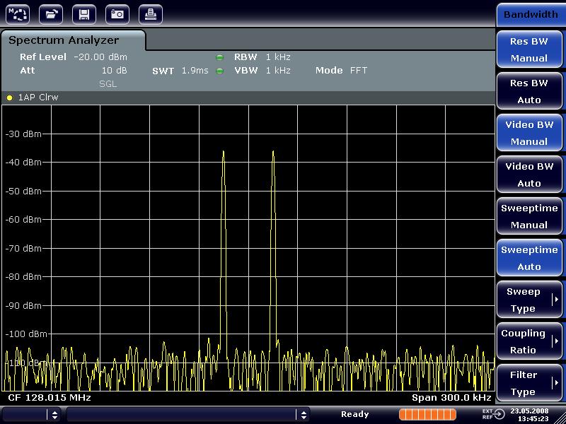 Basic Measurement Examples Measuring Signal Spectra with Multiple Signals Figure 7-6: Measurement of two equally-leveled RF sinusoidal signals with a resolution bandwidth (1 khz) which is