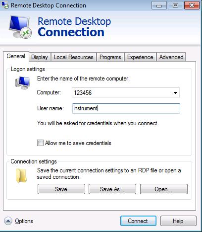 Controlling the R&S FSVA/FSV Remotely Operation with Windows Remote Desktop 3. Select the "Options >>" button. The dialog box is expanded to display the configuration data. 4.