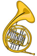 The HORN is in the back row of the orchestra, behind the bassoons and clarinets. The horn is a very long brass tube wrapped around in a circle several times.