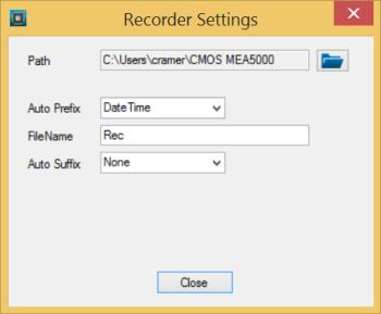 When the recorder is running, the recording time and the path where to store the data file is displayed.