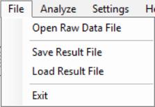 Menu Bar File Menu to import raw data for analysis: "Open Raw Data File" with the extension "*.cmcr" created with "CMOS-MEA-Control" software for analysis and to "Exit" the program.