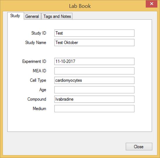 Settings Menu to "Set Default Folder" and to open the "Lab Book" dialog. Dialog with three tabs for general information about the experiment.