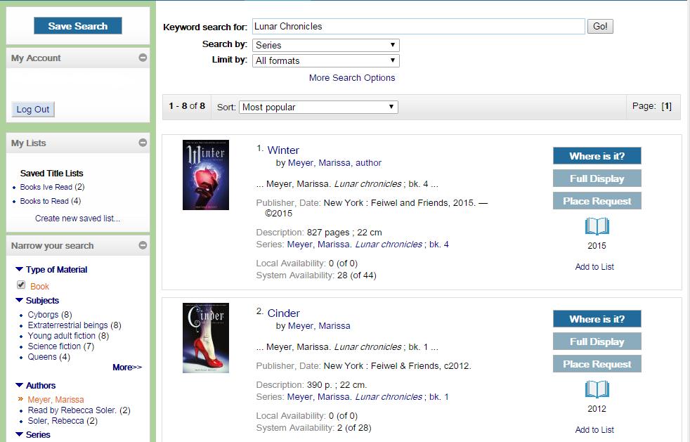 Input a keyword search like Lunar Chronicles and search by series (26 results) Use the left filter to
