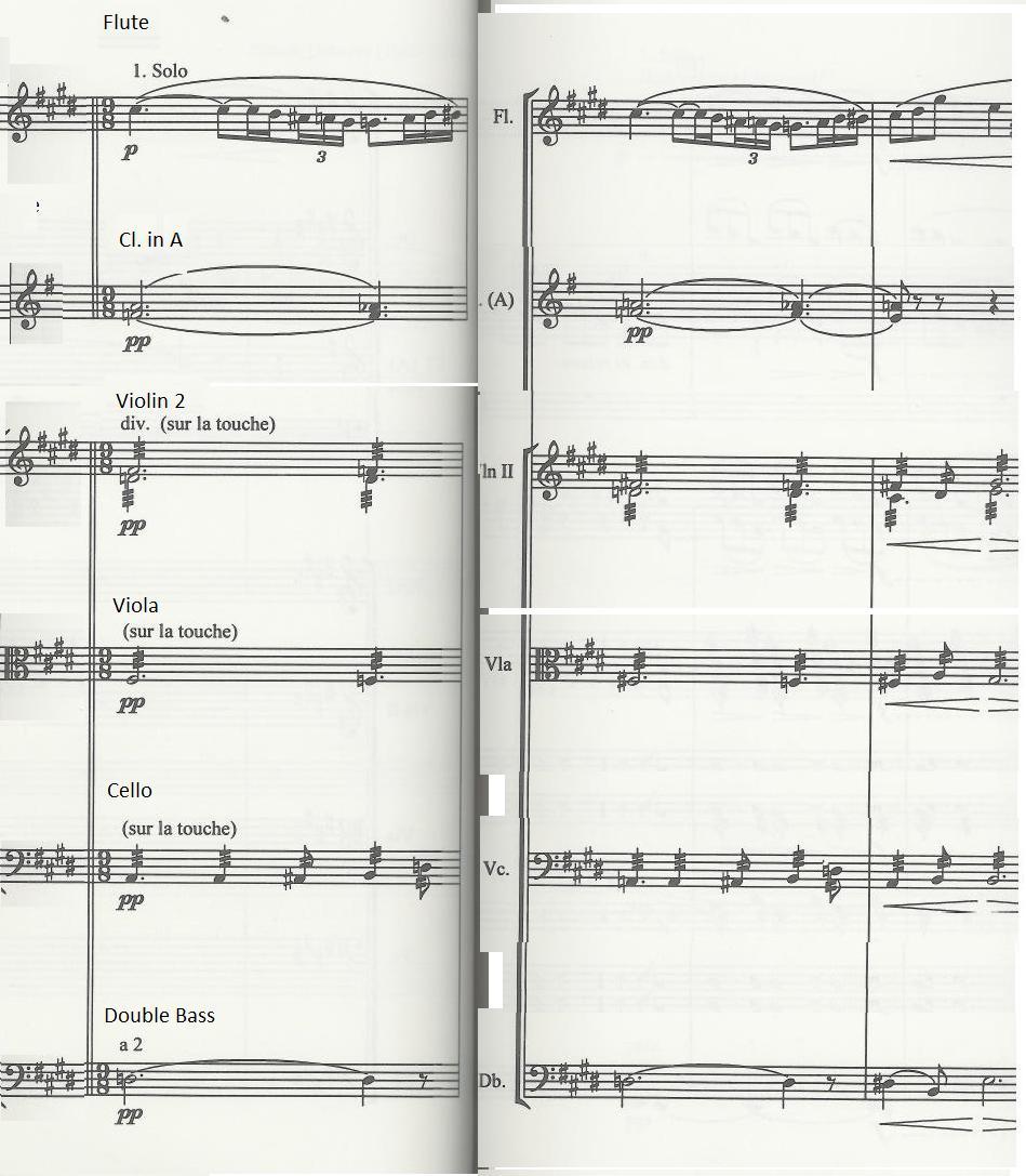 Preludes de l apres midi d un Faun (Anthology p. 86) This dreamy orchestral piece starts with a famous flute solo which is harmonised in bar 11 as shown in the extract below.