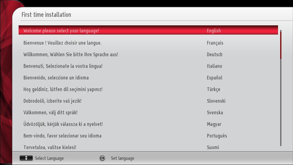 The message Welcome please select your language! is displayed in all language options listed alphabetically.