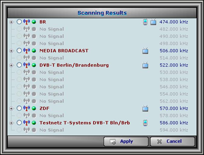 Mobile DTV + Digital TV Digital TV Mobile DTV Figure 19 : Scanning Results Note: In order to speed up the entire scanning process, no EPG or ESG data get received and analysed in that step.