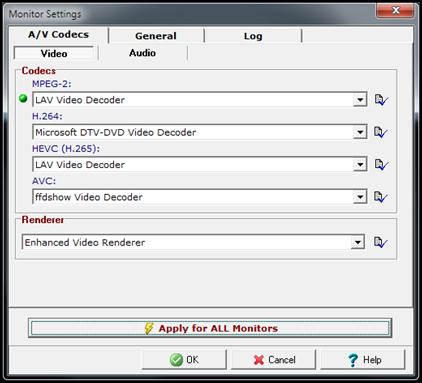 4.3.4 Settings 4.3.4.1 A/V Codec's 1 2 Figure 47 : Monitor - Settings Dialog (1) the green bubble indicates the current applied Audio / Video standard (2) click to apply all current settings for ALL