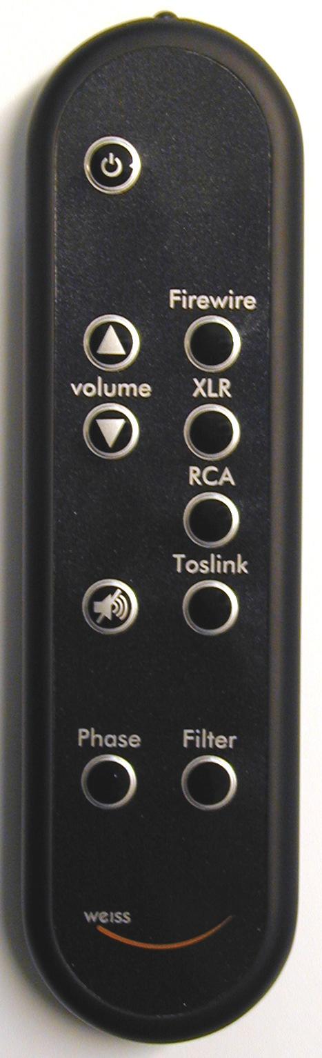 Remote Control: The IR remote control allows to control the following parameters: - Power on / off - Volume up / down - Input source (Firewire, XLR, RCA, Toslink) - Output mute - Polarity normal /