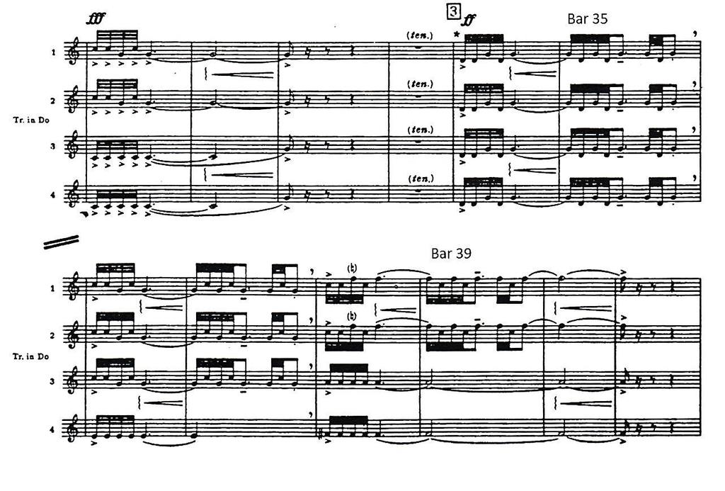 Figure 30: Sinfonia Sacra, Vision I RM.3 A section of Vision I, played by four trumpets in C. Other intervals, such as minor sevenths, are produced when the fourths are stacked on top of one another.