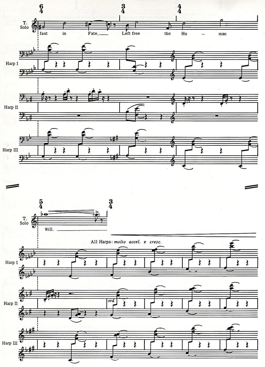 Figure 62: Universal Prayer (Tenor Solo 2) The second page of the tenor solo accompanied by the three harp parts one bar after RM 5.
