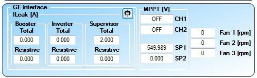Interface": Parameters relating to the insulation of the PV generator - "MPPT[V]: Automatic scanning of MPPT ON/OFF, SP1-SP2 voltage values at which the inverter works if MPPT is at OFF.