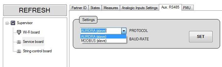"Aux RS485" tab (PMU board) Displaying and setting