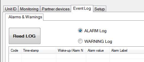 "Alarms & warnings" tab Used to download the Alarms and Warnings logs.