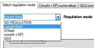 "Select regulation mode" tab Used to select the management mode for admission of the reactive power to the grid.