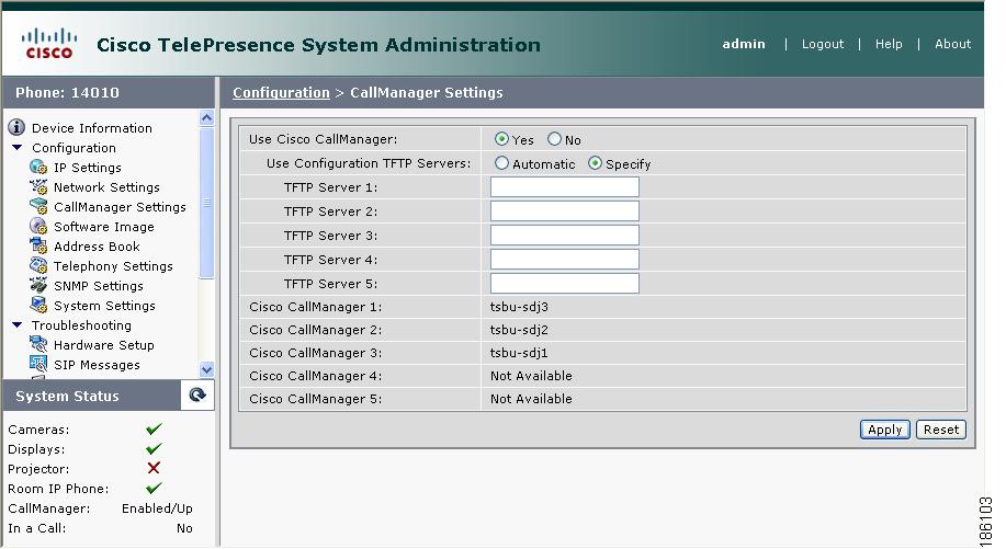 Preparing to Initiate the Cisco TelePresence System Chapter 9 Initiation, Camera Setup, and Final Assembly Procedures Figure 9-3 CUCM Association Pane Step 10 Step 11 In the CUCM page, do the