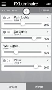 Smartphone App 8. The groups page displays the named groups with intensities and colors displayed for the groups that are currently running.