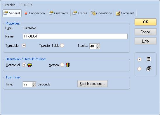 The properties of the turntable shall now be configured at TrainController as follows: The turntable can be given a name at the register General.