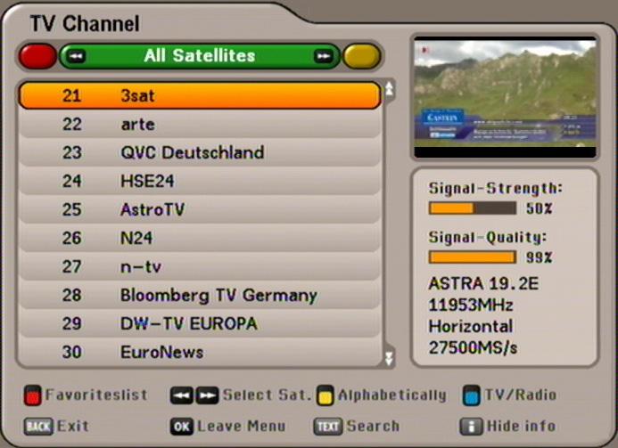 ON-SCREEN DISPLAYS (OSD) Underneath you can see the channel list with the sort order you selected. The channel list can display channels sorted by various selection and sorting criteria.