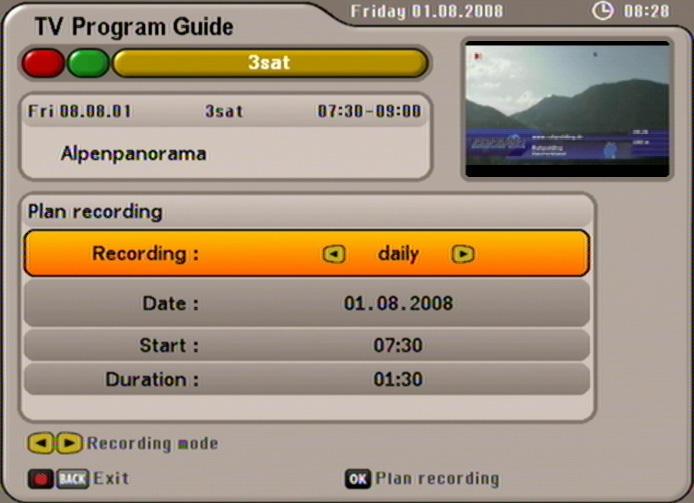 EPG - ELECTRONIC PROGRAMME GUIDE RECORD ONCE Use the buttons to select the recording mode once (see screenshot Recording (timer) section).