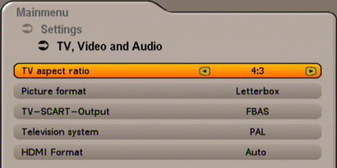 SETTINGS TV SETTINGS (TV, PICTURE AND SOUND) TV ASPECT RATIO Here you can use the buttons to select the picture format for your TV. Either 4:3 or 16:9 format.