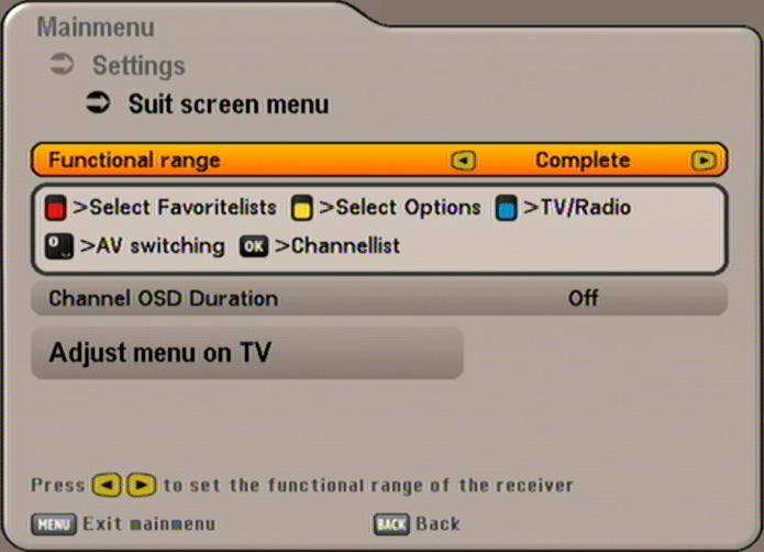 SETTINGS CUSTOMIZE SCREEN MENU FUNCTIONAL RANGE Here you can configure the functional scope of your receiver. You can choose between Complete, Simple and Medium.