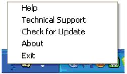 A check mark shows the currently selected The task tray has five entries: Help - Access to User Manual file: Open User Manual file using the default browser window.