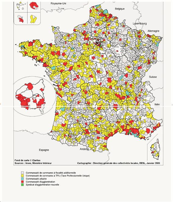 Corpos de colaboración intermunicipal (EPCI) en Francia con poderes fiscais, a 1 de xaneiro de 2005 94 Fonte: Ministère de l Intérieur, Direction générale des collectivités locales, citado en OECD
