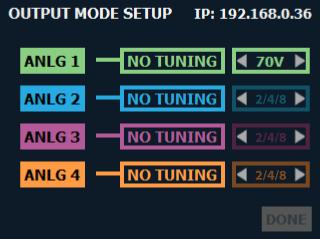 Configuring the Amp Configuring Output Modes From the Output Mode Setup screen (see Figure 15), outputs can be configured for Low Z or High Z operation.