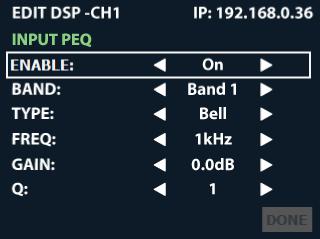 Configuring the Amp PEQ (Parametric EQ) PEQ settings can be edited from the PEQ screen (see Figure 18). Input and Output PEQs are available.