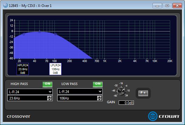Using HiQnet Audio Architect Crossover Panel The Crossover provides infinite impulse response (IIR) filters. Each filter has up to +24/-60dB of gain.