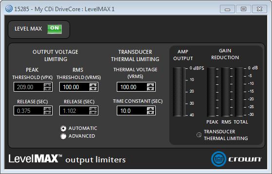 Using HiQnet Audio Architect LevelMAX Panel The LevelMAX panel contains the entire LevelMAX suite of limiters, which consist of a peak voltage limiter, RMS power limiter, and transducer thermal