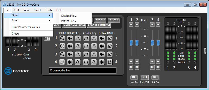 Using HiQnet Audio Architect To open a preset or device file in Audio Architect: 1. Go online with the device. You must be online for the settings to be sent down to the actual device.