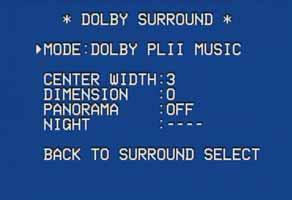 Figure 65 Dolby Surround Menu Screen CENTER WIDTH: This setting affects how vocals sound through the three front speakers.
