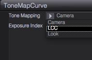 The ToneMapCurve is displayed and an indication appears in the selector field. Camera is displayed when the standard ALEXA tonemapping curve is used.